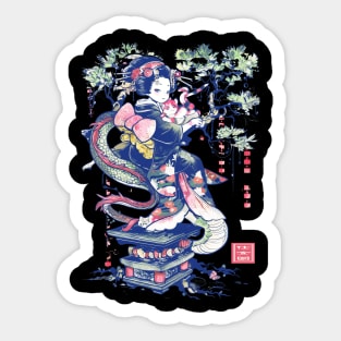 Japanese Girl With Dragon and Cats T-Shirt 05 Sticker